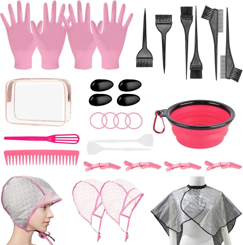 DINTSTYLE 32 Pcs Hair Dye Coloring Kit,Hair Dye Tools for DIY Salon.Hair Dye Brush and Bowl Set/Highlighting Frosting Cap with Plastic Hooks/Dye Brush/Ear Cover/Gloves/Comb/Hairpin/Hair Coloring Cape(Pink) - Image 1